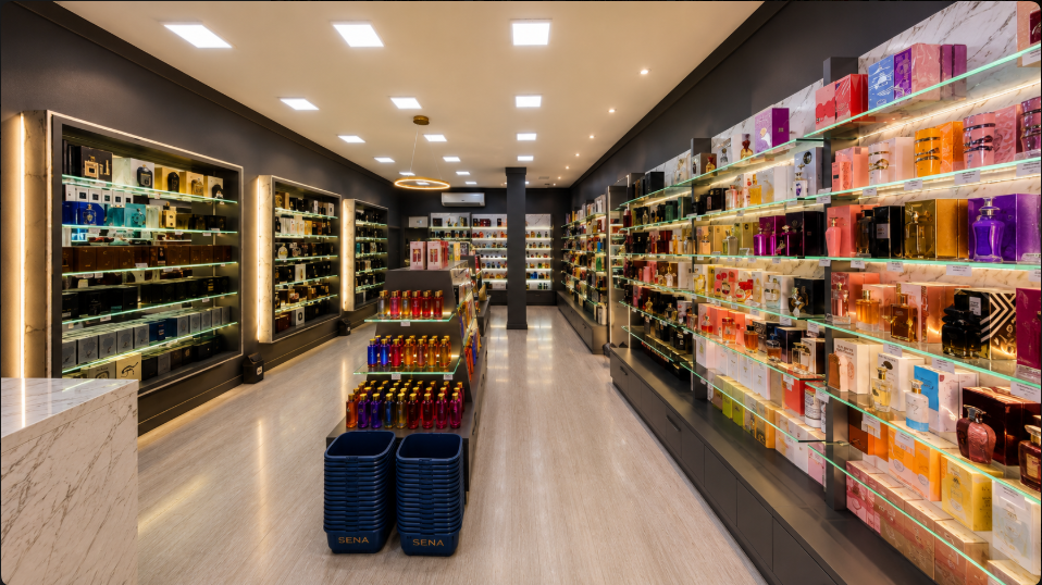 Interior de perfumaria com ilhas centrais e expositores iluminados.