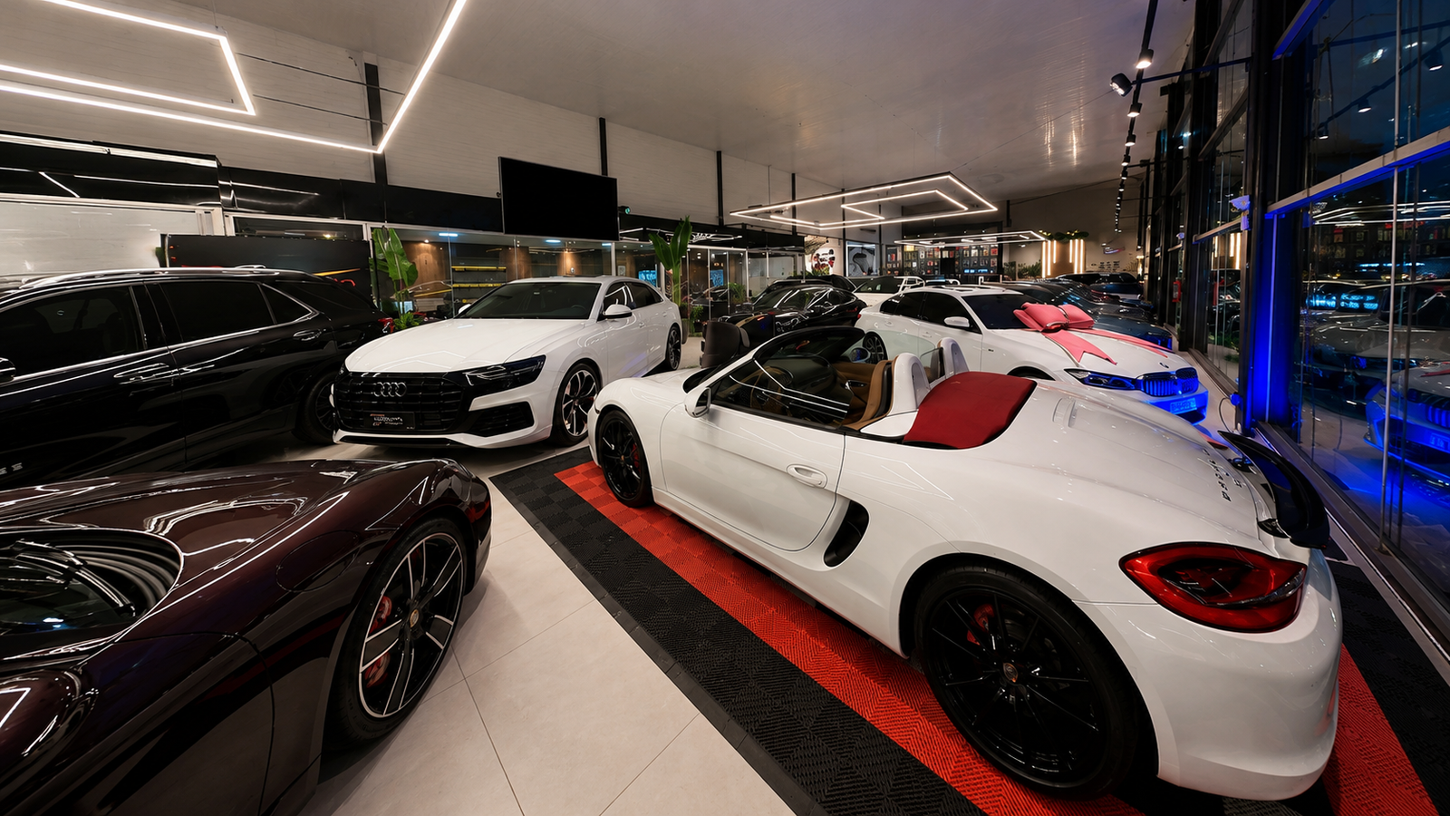 Showroom automotivo premium com veículos e iluminação arquitetônica.
